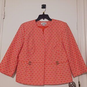 Isabella women's orange and white geometric pattern blazer and skirt set